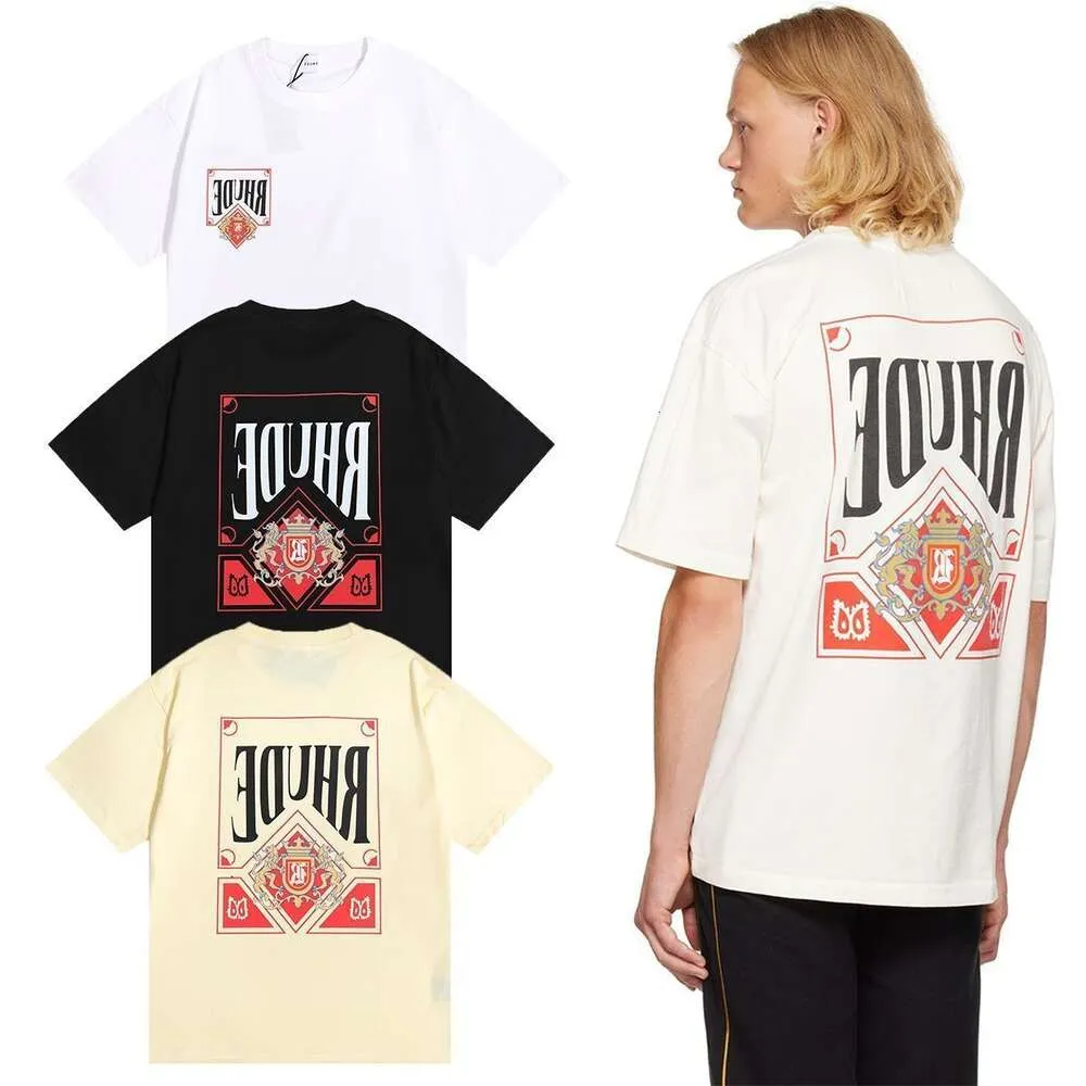 Sommer Rhude T-Shirt Kleine trendige Rhude rote Karte gedruckt Doppelgarn reines Baumwoll-T-Shirt für Männer mit runden Hals