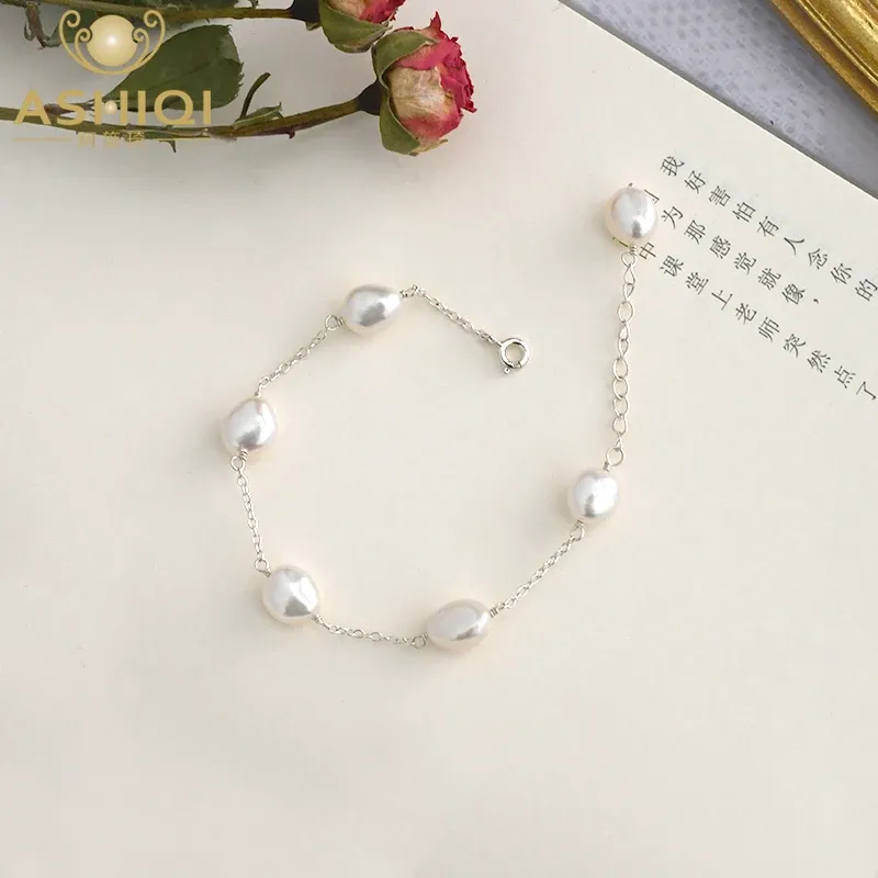 Strands ASHIQI Natural Specialshaped Baroque Freshwater Pearl Bracelet Female 925 Silver Chain High Sense of Gray
