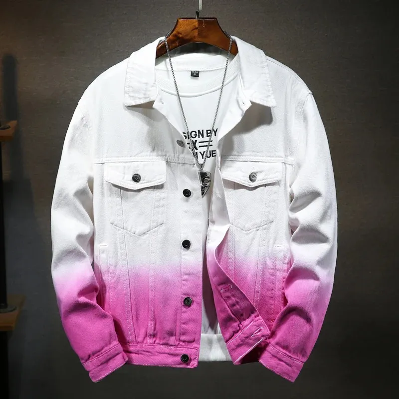 남성 그라디언트 컬러 재킷 Springautumn Mens Denim Jacket Holes Washed Men Bomber Jacket Jackets for Men 240420