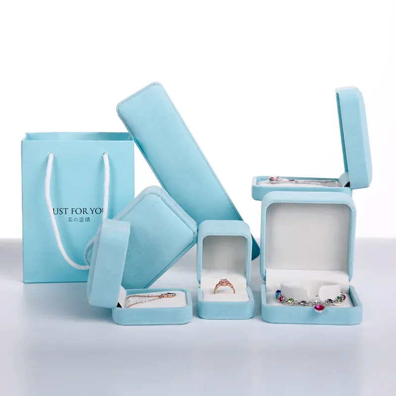 STARDS 5PCS Sieraden Verpakking Hoge kwaliteit Velvet Box Craft Tas Pure Aquamarine ketting Bracelet Geschenkdoos Huwelijksbetrokkenheid Geschenk