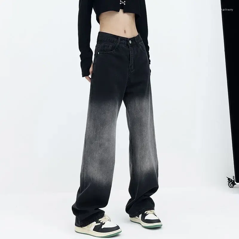 Women's Jeans Streetwear Fashion Black Washing Gradual Straight Autumn Y2K High Waist Slim Wide Leg Pants Hip Style