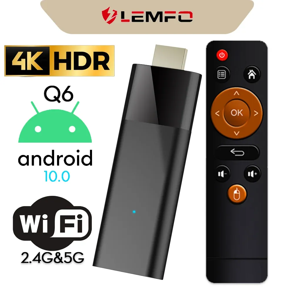 Stick Lemfo Q6 Mini TV Stick Android 10 Chipest H313 czterordzeniowy ramię A53 2GB 16GB HDMI2.0 4K HDR WiFi H.265 Smart TV Box PK DQ03