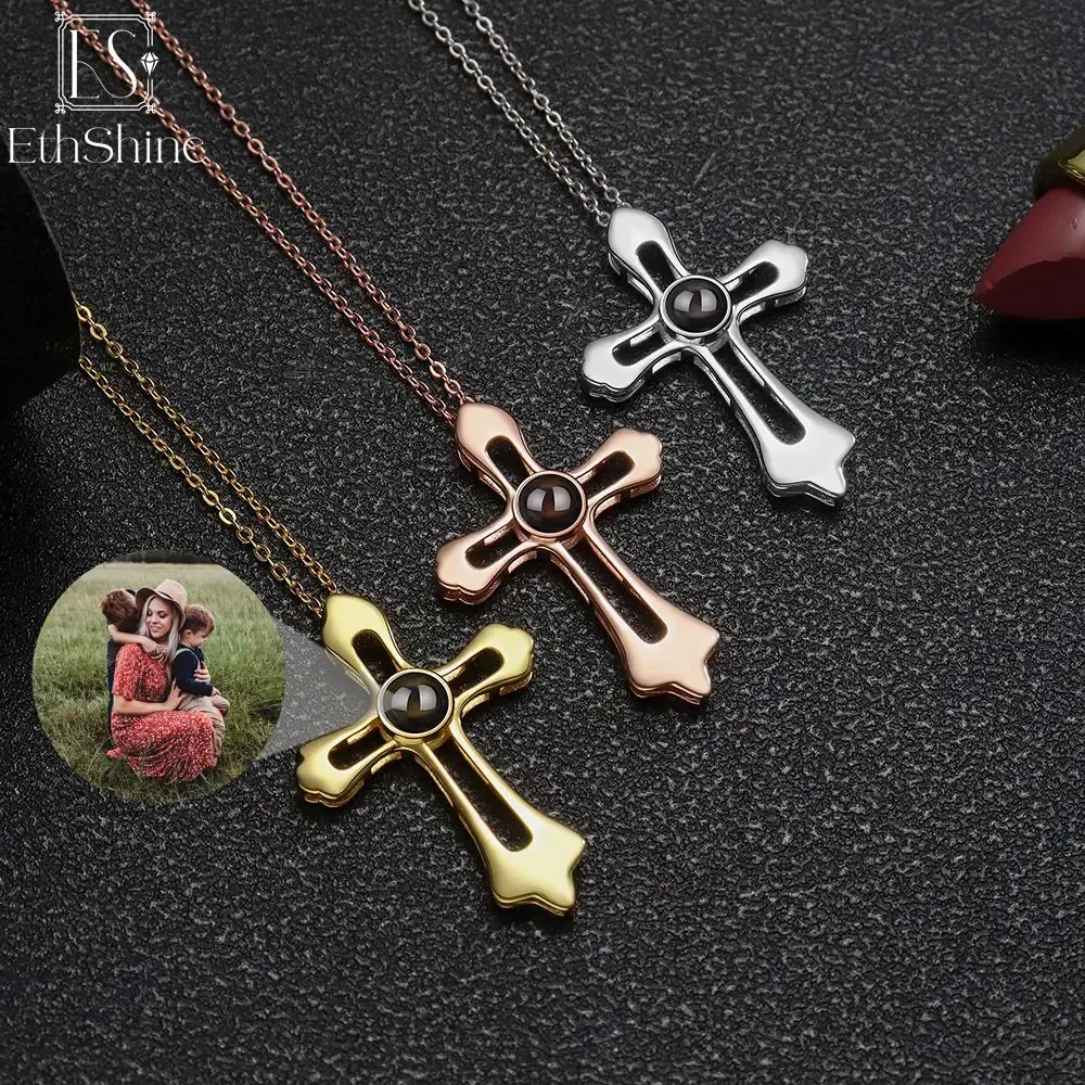 Necklaces 925 Silver Customized Picture Projection Photo Necklaces for Women Cross Pendant Family Personalized Anniversary Gift Jewerly