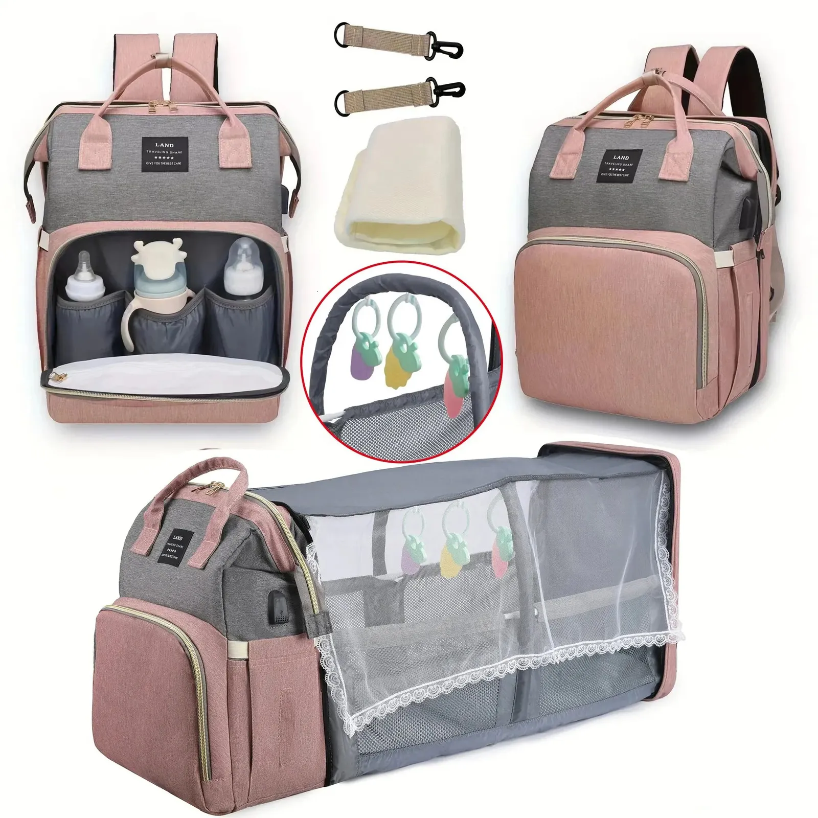 Mommy Baby Diaper Bag Backpack Changing Pad Shade Mosquito Net Wet and Dry Carrying USB Charging Port Stroller Hanging Free 240408