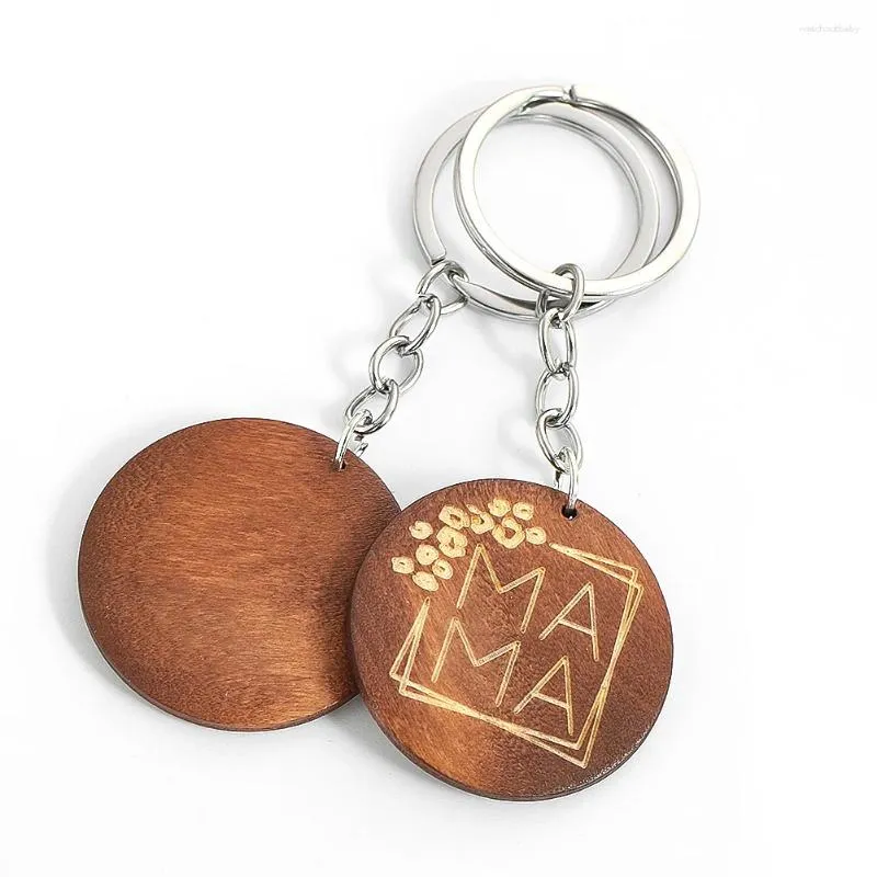 Keychains trä runda kort graverade mamma nyckelchain väska bil nyckelkedja ringhållare charms mors dag smycken gåva till mamma