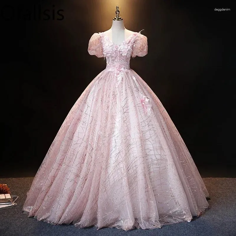 Party Dresses Ofallsis Pink V Neck Brodery Puff Sleeve Aftonklänning 2024 Hösten French Style Fairy Solo Vocal Art Test