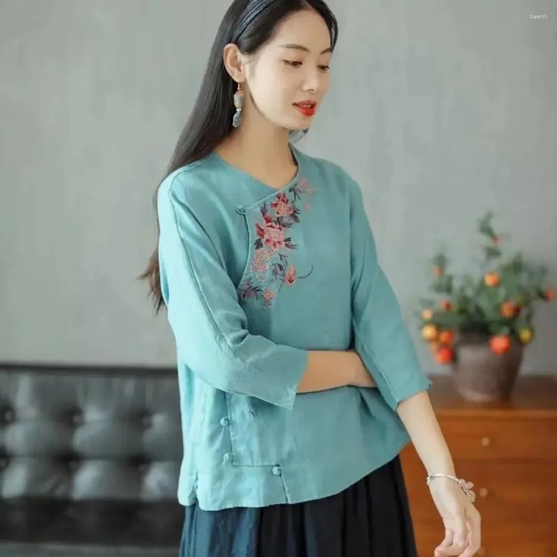 Vestes de style chinois Chineses Blouses vintage lin broderie tops vêtements chemise printemps shorts décontractés