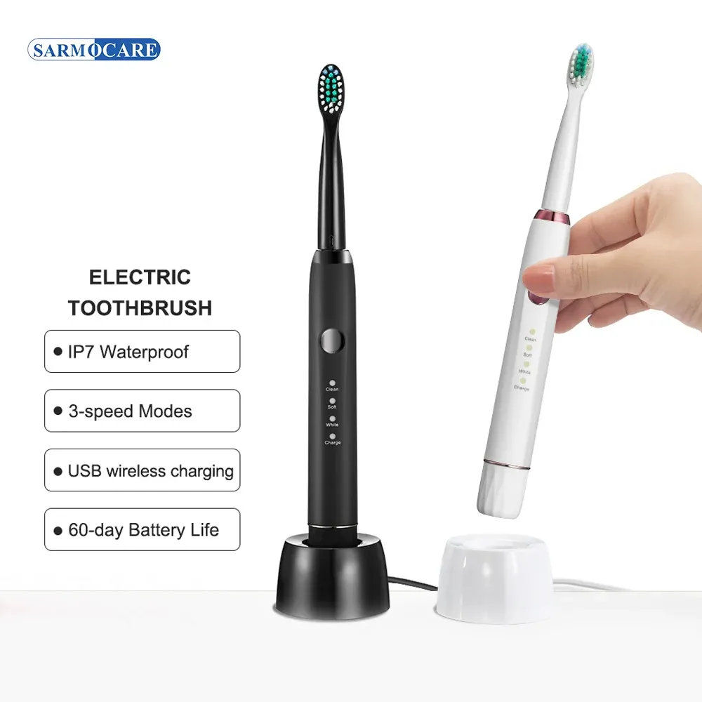 Głowy Sarmocare M100 Sonic Electric Ultrasonic Smart Tooth Brush USB bezprzewodowa podstawa ładunku IPX7 Wodoodporne zęby wybielanie zębów