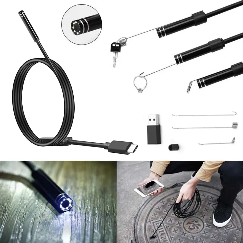 Kamery OD5,5 mm 6LED Android USB Typ Camera Endoscope 1M Elastyczny wąż twardy drut USB typ C Wodoodporny inspekcja rurki Kamera