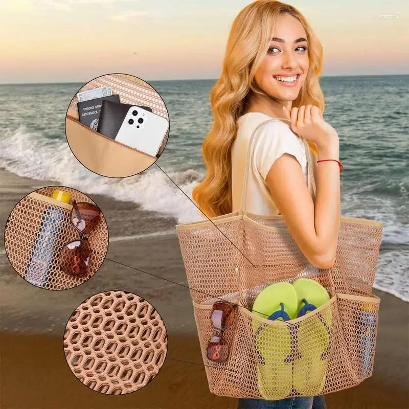 Sacs de rangement Sac fourre-tout de plage |Soupchée à linge en mailles étanche avec plusieurs poches kaki piscine 35 lb portant la charge portable Lar