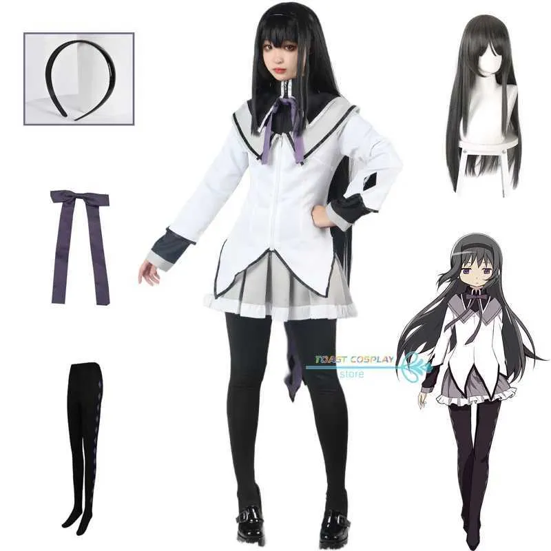 애니메이션 의상 Akemi Homura Cosplay 애니메이션 애니메이션 Puella Magi Madoka Magica Cosplay Come Dress Wig Socks Full Set Akemi Homura 역할 Play JK 유니폼 Y240422