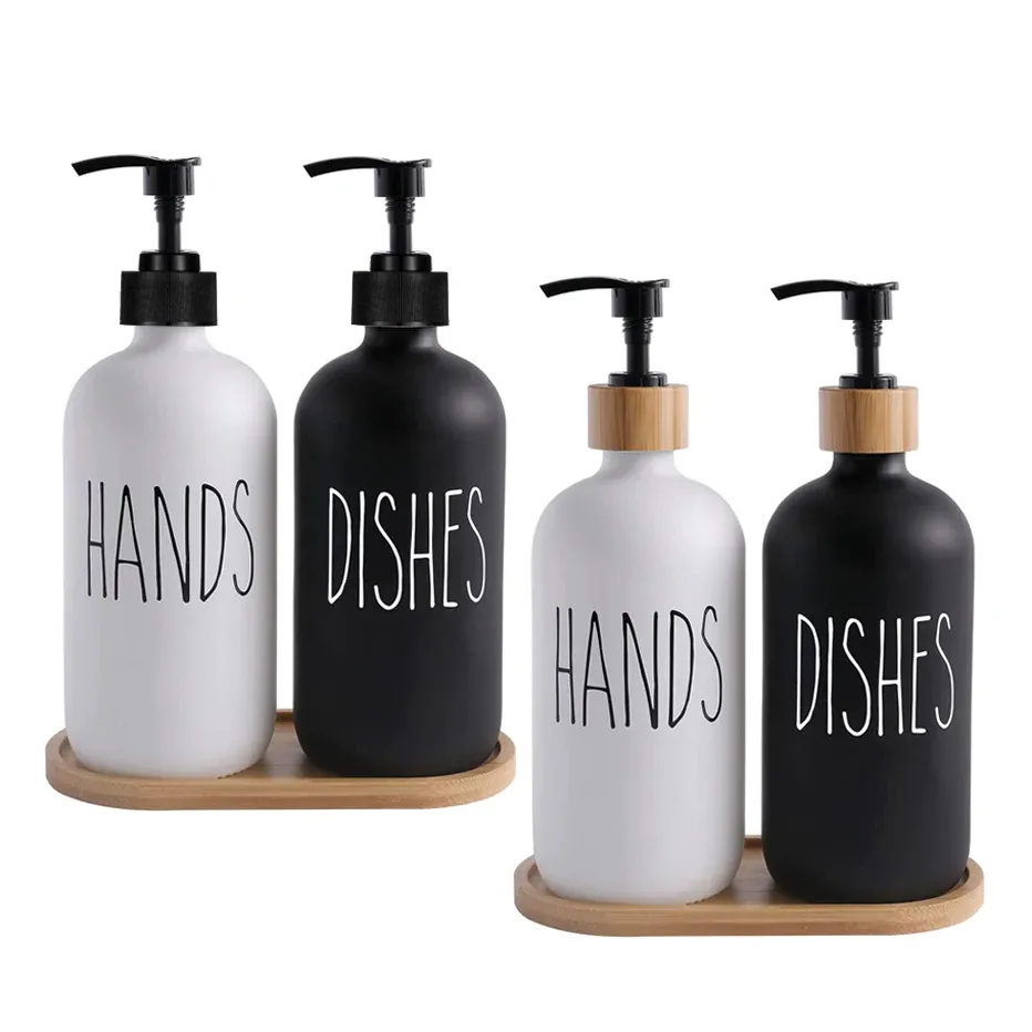 Dispensers Soap Dispenser Bottle Matte Black Kitchen Refillable Hands Dishes Press Bott Bamboo Wood Pump Badrum Förvaring Bottle 500 ml