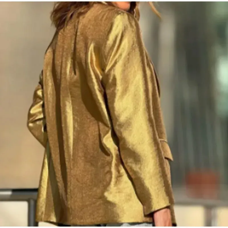 Elegant Gold Blazer Jacket: Womens Long Sleeve Single