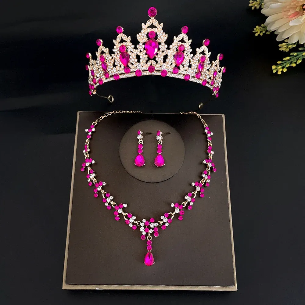 Necklaces Fashion Crystal Tiaras Crowns Bride Wedding Jewelry Set Rhinestone Crown Necklace Earring For Women Accessories Diadem Headdress