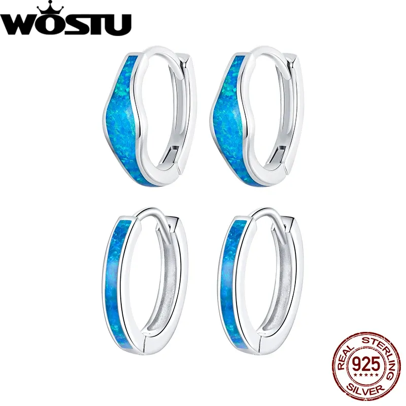 Brincos Wostu 925 Sterling Silver Blue Opal Brincos para Mulheres Partido Romântico Original Datação Presente Fina Fne980