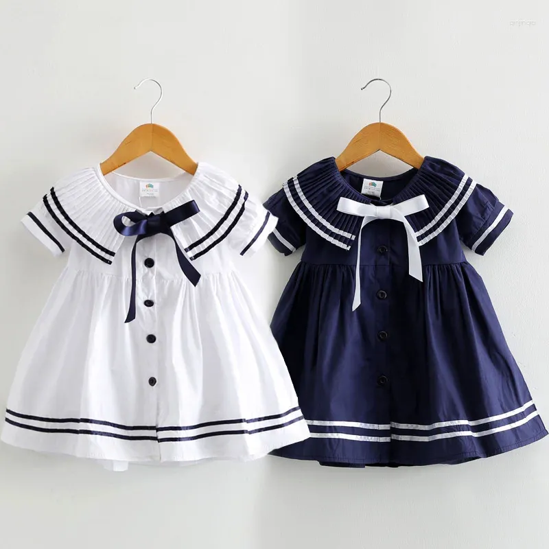 Girl Dresses 2024 Summer 2 3 4 6 8 10T Years Children Cute Short Sleeve Botton Bow Sailor Collar Patchwork Little Kids Navy Blue Girls Dress