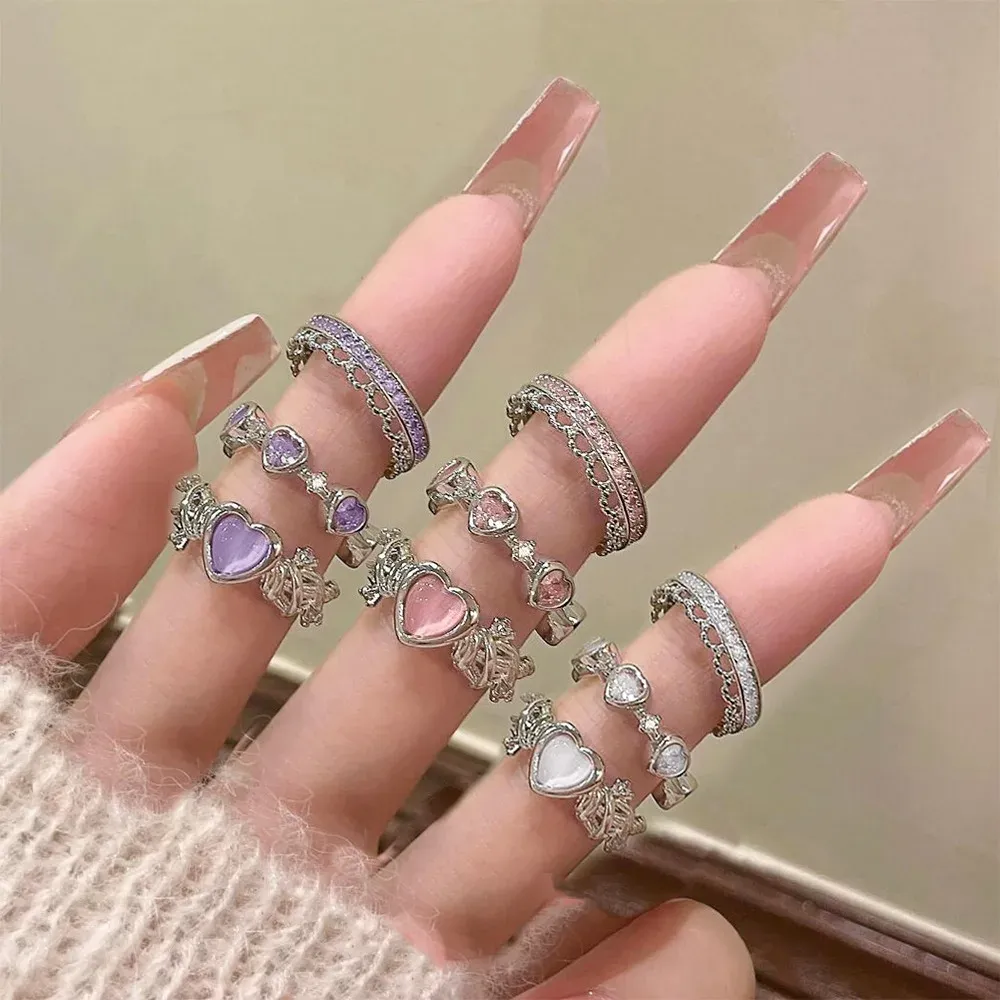 Banden Nieuwe Y2K Pink Crystal onregelmatige hartringen voor vrouwen mode zirkoon opening vinger ring zoete meiden kpop feest sieraden geschenken
