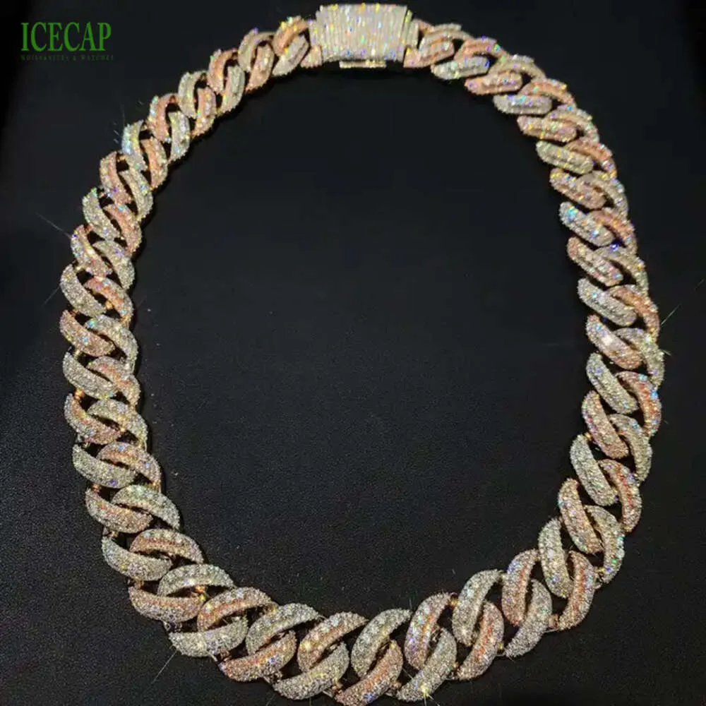 Luksusowa biżuteria Niestandardowy naszyjnik 18 mm Miami Cuban Link Chain 925 Srebrny różowy złoto Hiphop Cuban Cuban Sain for Men