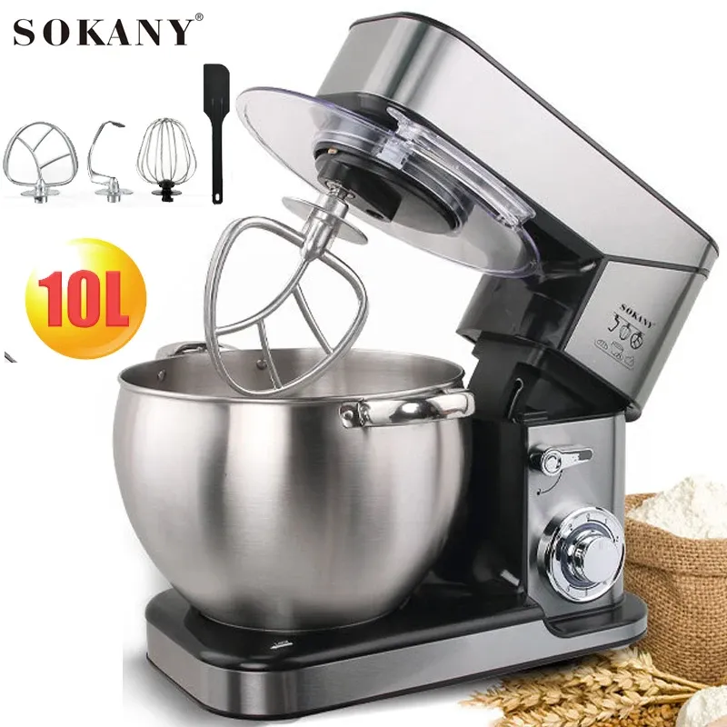 Mixers 220V10L Stand planetaire mixer Milk Frother Cake Dough Kneading Roestvrije mengmaker Food Glansen Egg Beink 6 Speed Chef Machine