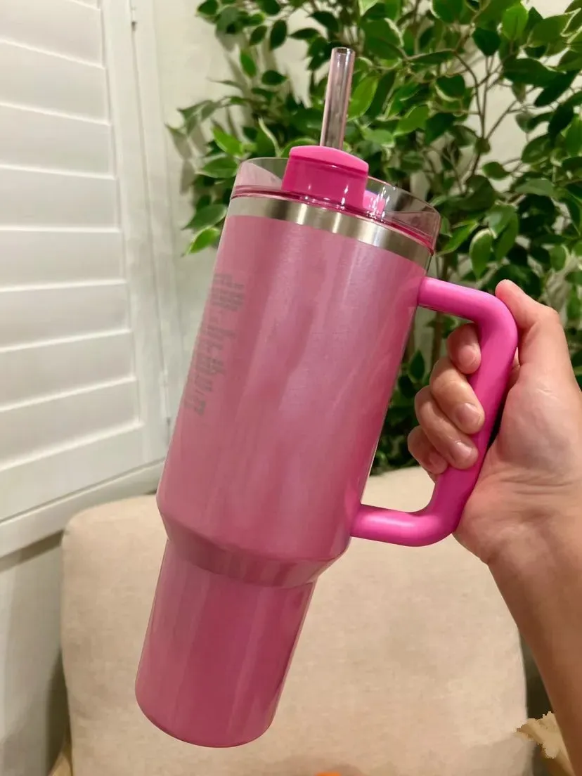 الولايات المتحدة الأسهم الوردي موكب COSMO PINK CO ذات العلامات التجارية H2.0 40oz من الفولاذ المقاوم للصدأ الكوب من الكؤوس مع غطاء مقبض السيليكون وأكواب سيارة سفر القش زجاجات المياه