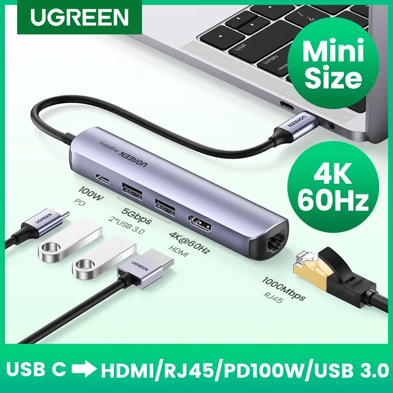 Hubs Ugreen USB C HUB 4K 60 Гц мини -USB Тип C 3.1 к HDMI RJ45 PD USB 3.0 OTG Адаптер USB C Dock для MacBook Air Pro 2020 PC USB Hub