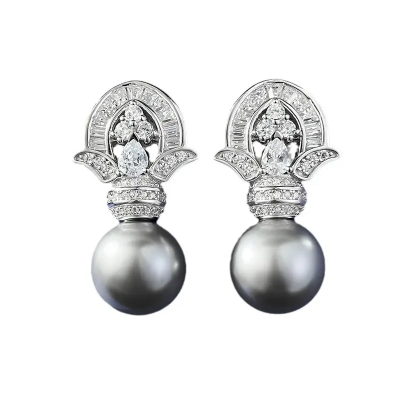 Orecchini S925 Orecchini d'argento Orecchini di perla grigi in base alle orecchini medioegri
