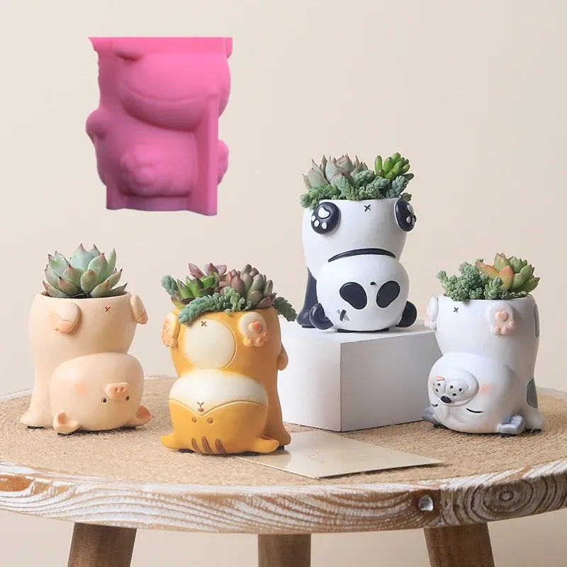 Keramiek Diy cartoon flip panda vetplanten planten bloem pot hars siliconen schimmel schattige kat varkens opbergdoos beton cement gips mal