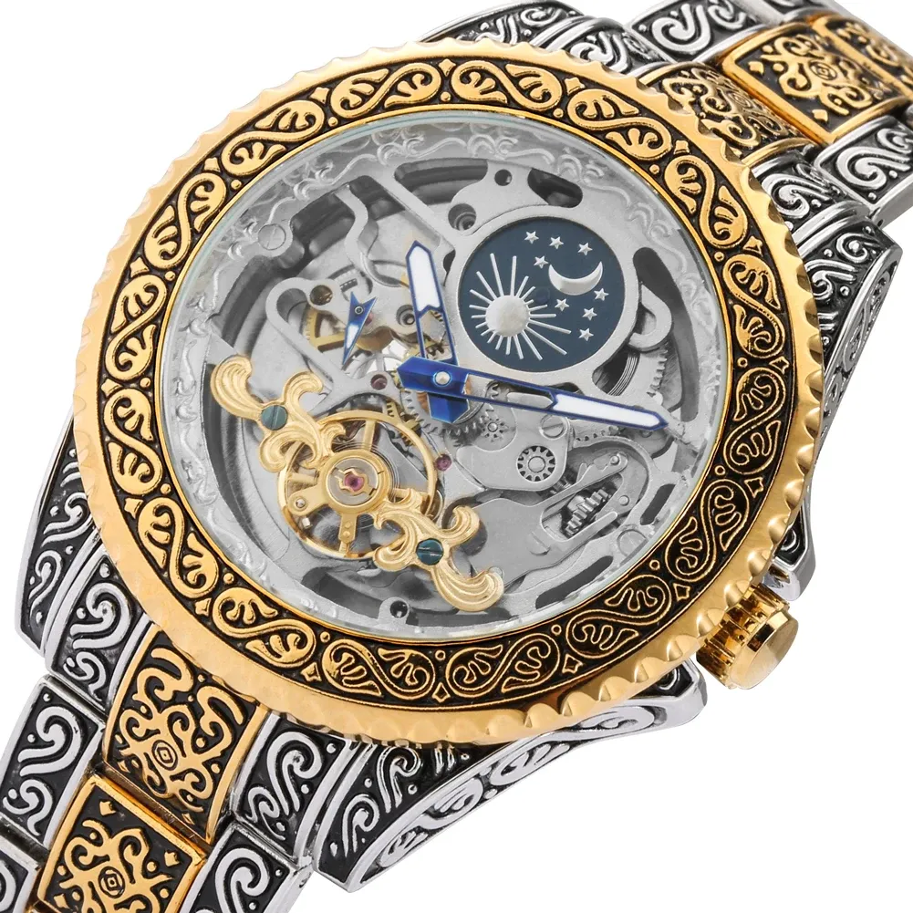 Комплекты часы для мужчин ретро ретро полуавтоматические механические часы Gold Steel Band