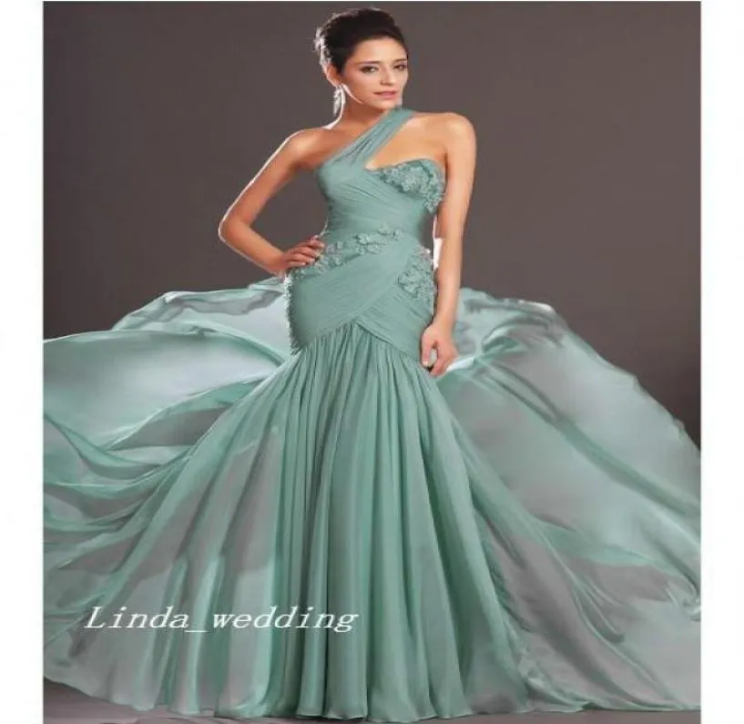 Fluffy Modern Mint Green Trumpet Mermaid Oneshoulder ärmlöst svepborste Train Chiffon Applique Evening Dresses9694954