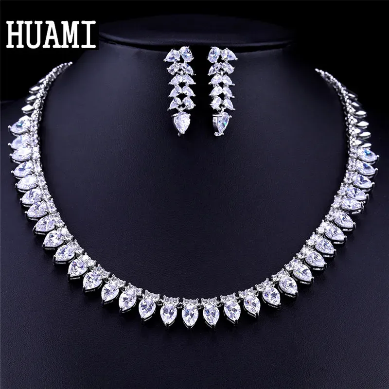 Necklaces HUAMI Classic Earrings Necklace Sets Bridal Jewelry Wedding Round Chain Leaf Necklace Fashion Joyeria Fina Para Mujer Gift