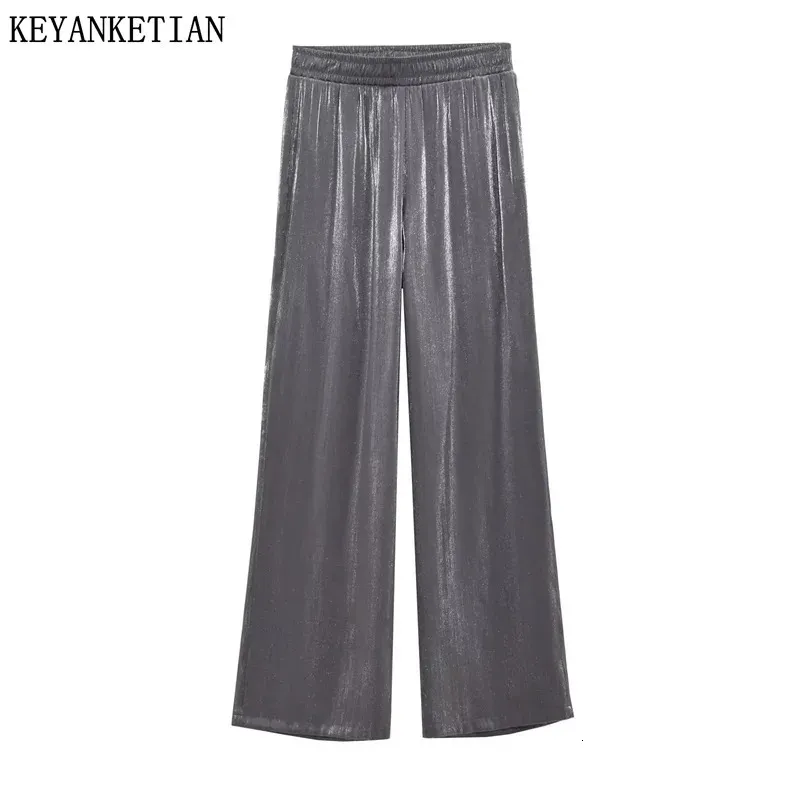 Keyanketian autunno femminile metalliche scintillanti scintillanti e stiramento pantaloni widleleg pantaloni alla moda vintage grigio scuro morbidi pantaloni lunghi 240412