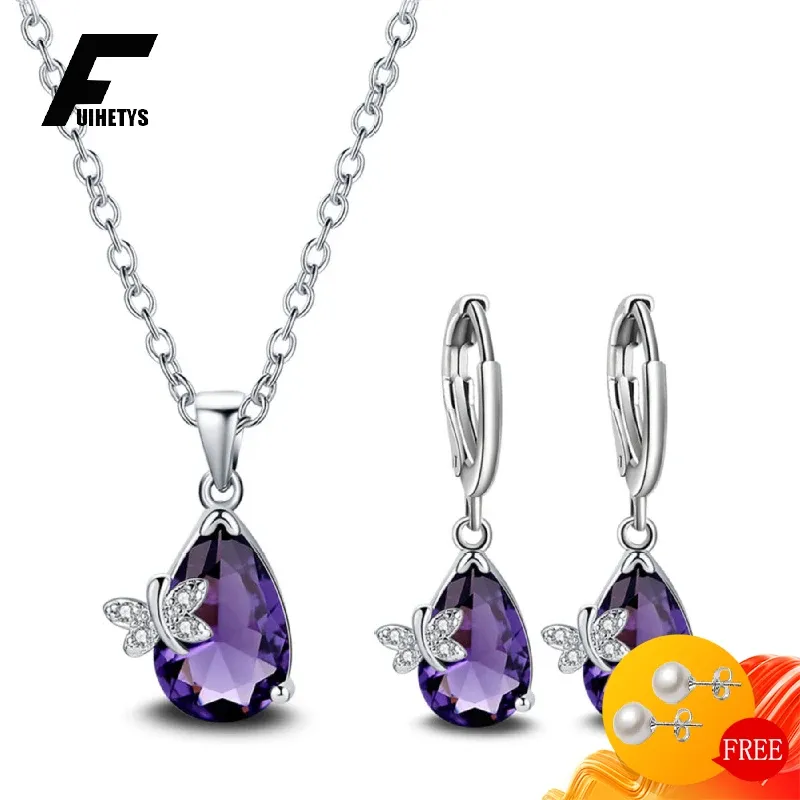 Halsketten 925 Silberschmuck Set Tropfen Ohrringe Halskette Anhänger Wassertropfen Form Amethyst Edelstein Ornamente für Frauen Hochzeit Engagement