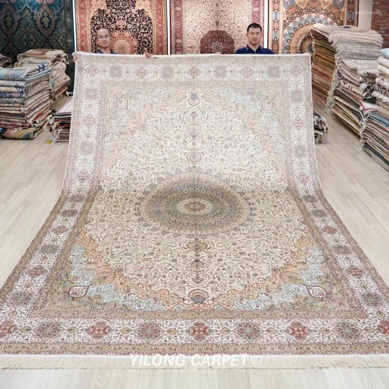 Tapis 9'x12 'tapis de soie oriental à main nouée de tapis persan blanc et jaune (LH167A)