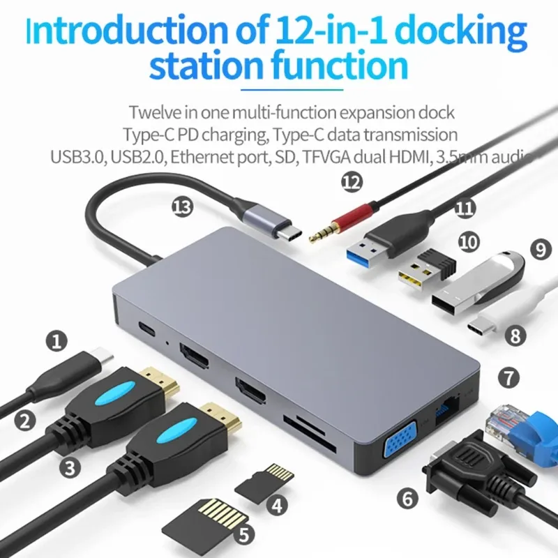Станции Blueendless Type C USB Hub 2xhdmicabatible RJ45 USB3.0 5 Гбит / с интерфейса Typec PD100W SD TF Dock Station Hub 12in1 Новый