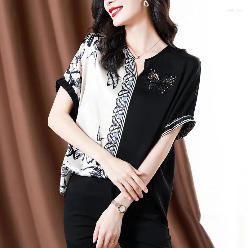 Women's Blouses 2024 Summer Printed Patchwork Blouse V-neck Fashion Commuting Versatile Short Sleeve Loose Silk Pullover Shirt Tops