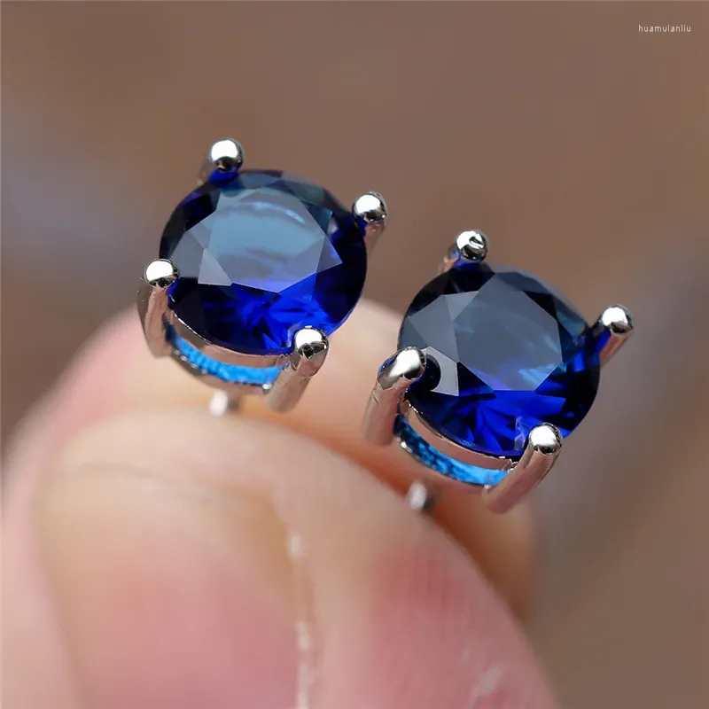 Boucles d'oreilles étalon luxe femelle cristal bleu pierre d'oreille de boucle d'oreille en argent couleur couleurs mignonnes de mariage zircon rond bijoux pour les femmes