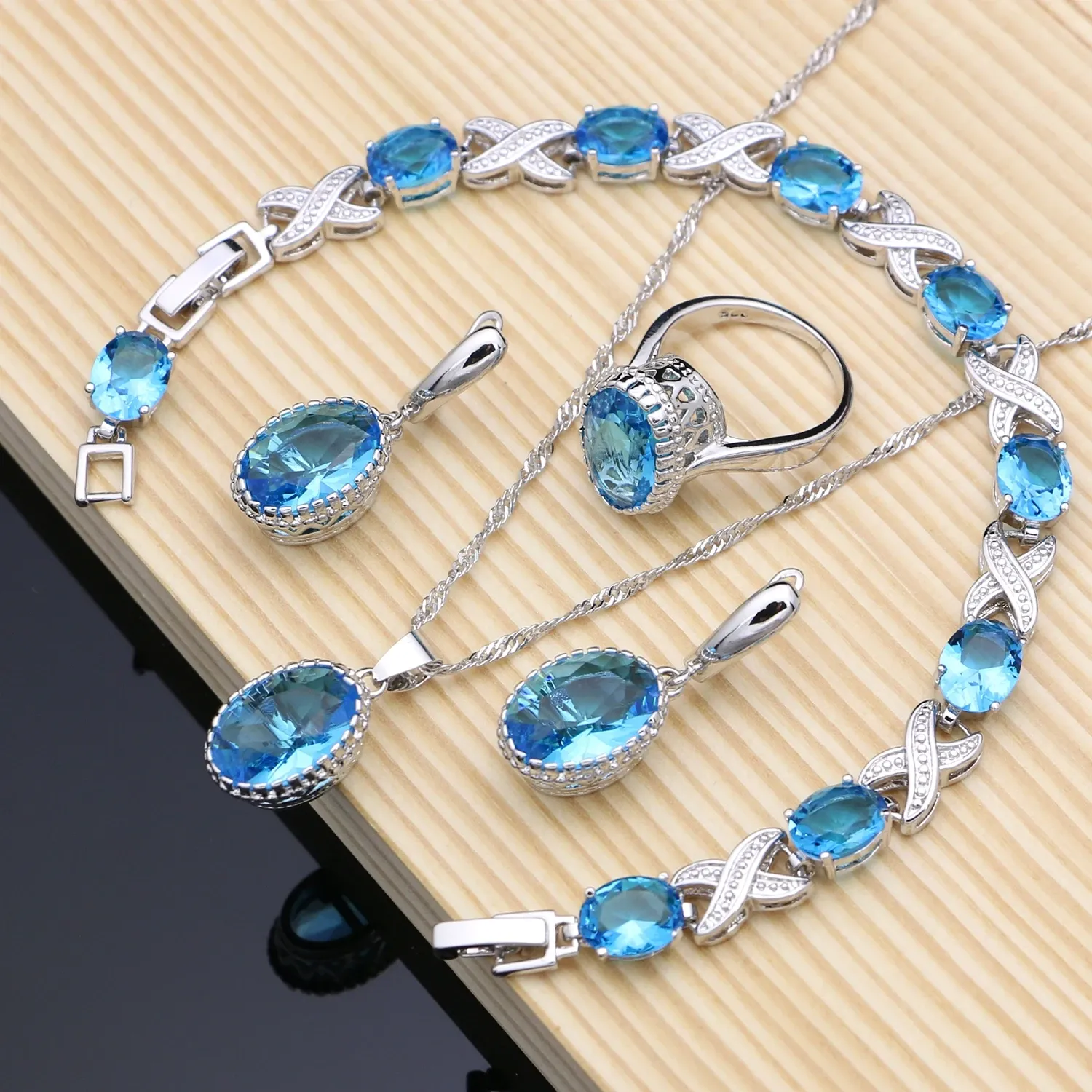 Strands 925 Sterling Silver Jewelry Blue Birthstones女性のための宝石セットウェディングイヤリング/ペンダント/ネックレス/リング/ブレスレット