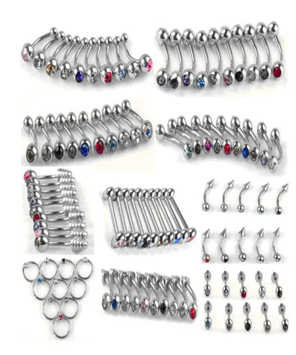 100pcs set punk paslanmaz çelik kristal dil göbek dudak burun halka gövde gövdesi piercing mücevher 10 stil aksesuarlar7581689