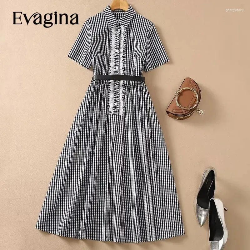 Vestidos de festa Evagina moda feminina 2024 Spring Turn-turn Down Collar Sleeved Bird Bird Lattice Patchwork Tree comestível vestido de comprimento médio