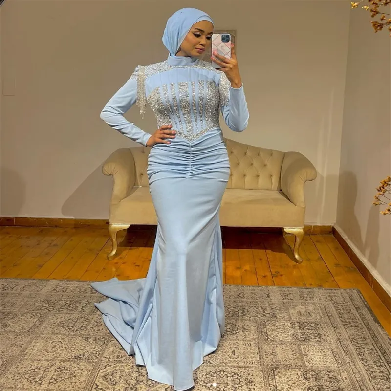 Luxury Blue Mermaid blue prom dress with Beaded...