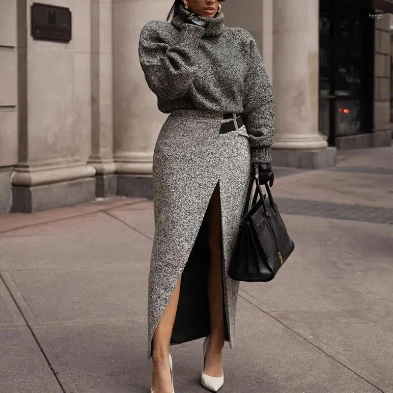 Street Solid Patchwork Slit Turtleneck Long Sleeve Two Pieces Street Solid Patchwork Slit Turtleneck Long Sleeve Two Pieces