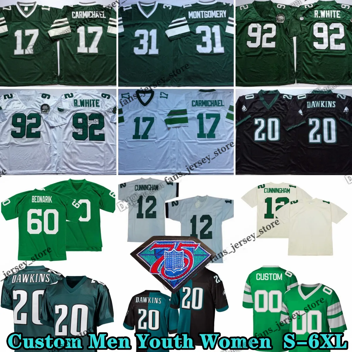 Custom 75th Shotback 92 Reggie White 1964 Koszulki piłkarskie 60 Chuck Bednarik 15 Steve van Buren 99 Jerome Borwn 5 Donovan McNabb 70 Al Wistert 20 Brian Dawkins