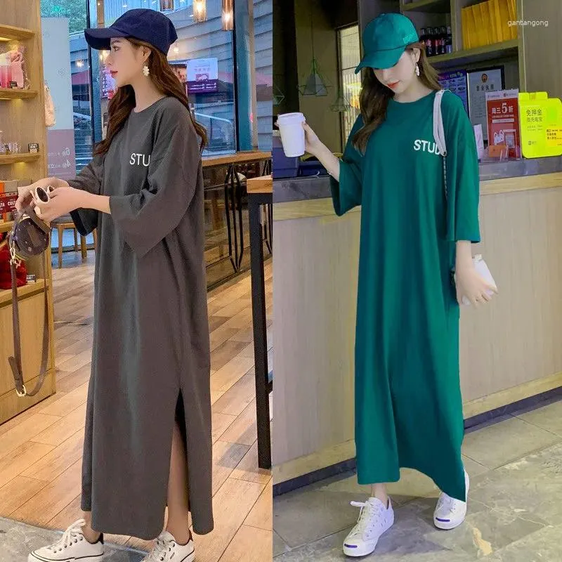 Casual Dresses Letter Printed Long T-Shirt Dress Summer Half Sleeves Oversized Korean Female Maxi Loose Vestidos De Mujer