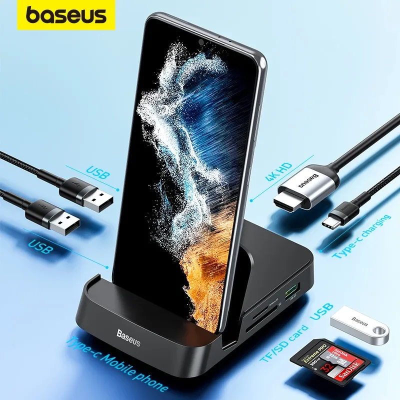 Hubs Baseus USB C Hub Dex Station à USB 3.0 HDMICOMPATIBLE USB HUB POUR SAMSUNG S20 Note 20 Huawei P40 Mate 30 Type C Station de quai