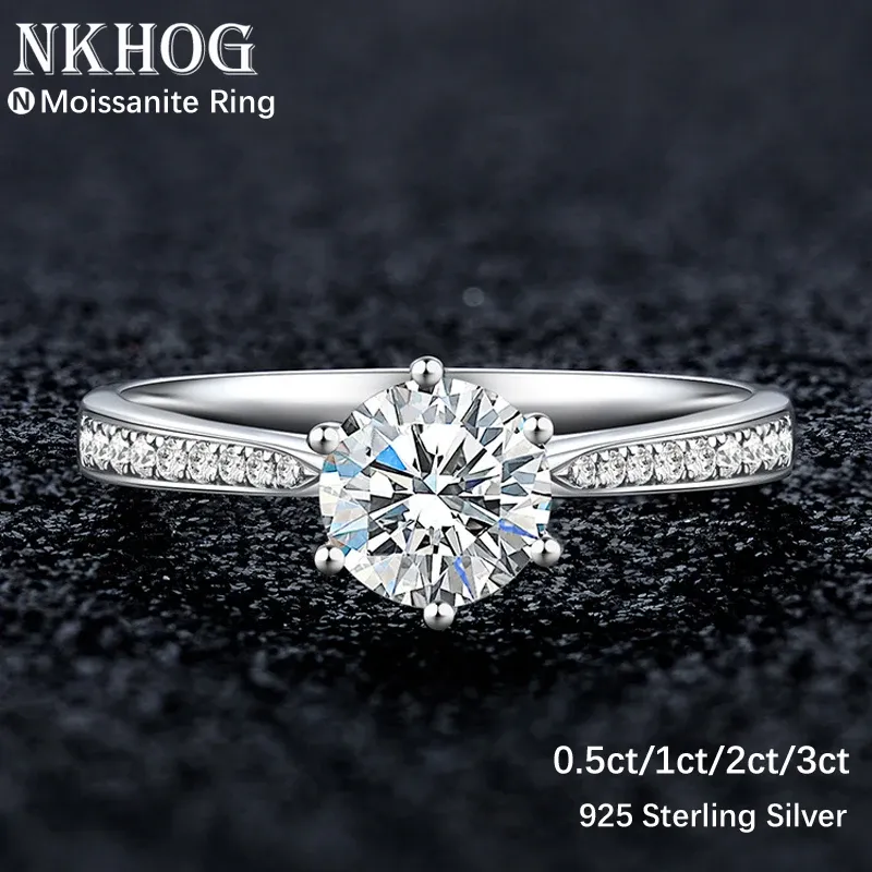 Rings nkhog echte 3 karaat Moissanite ringen voor vrouwen 925 Sterling Silver Classic 6 Claws Engagement Band Sieraden Romantische trouwring