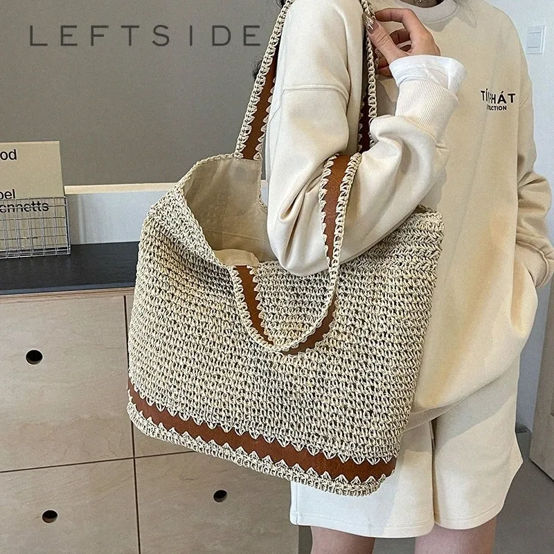 LEFTSIDE BIG STACH Underarm Påsar för kvinnor 2024 Summer FI axelväskor Lady Travel Handväskor Kvinnlig väv Tote Beach Bag 25is#