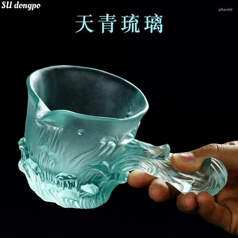ティーカップ日本風のガラスサイドハンドルフェアカップディスペンサーアズールグレーズチャハイ - オーシャンウェーブティーカップ高品質
