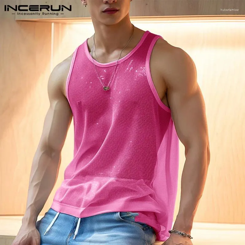 Men's Tank Tops Men Solid O-neck Sleeve Mesh Transparent Sexy Vests Streetwear 2024 Fashion Party Casual Clothing S-5XL INCERUN