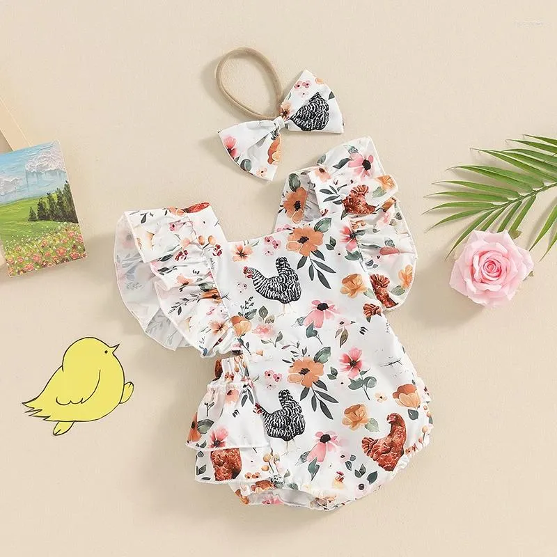 Rompers sommar rygglösa baby flickor bodysuits söta födda klädkläder ruffle ärmlös brud blommor tryck romper med pannbandsset