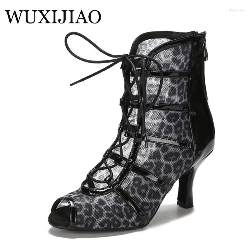 Buty taneczne Wuxijiao czarne koronki w górę wysokie top sandały seksowne jazzowe obcasy halowe latynoskie cha